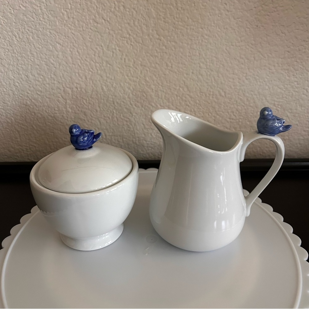 Vintage B.I.A. Cordon Bleu Cream & Sugar Set  Blue Bird Accents White porcelain